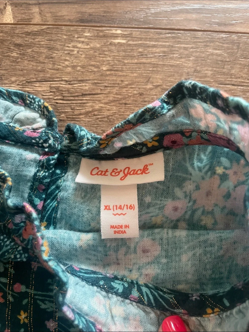 Cat & Jack Green Floral Long-Sleeve Blouse with Gold Lines Size XL